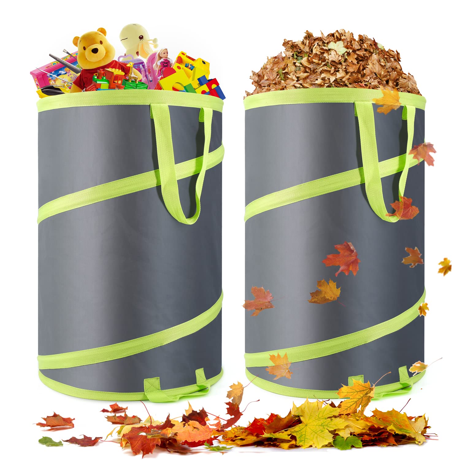 Altdorff Resuable Leaf Bag 2 Pack, Collapsible Trash Can for Camping, Garden Waste Bag Pop Up, 120L Large Yard Waste Container with Drain Holes and Drawstrings for Windy Days