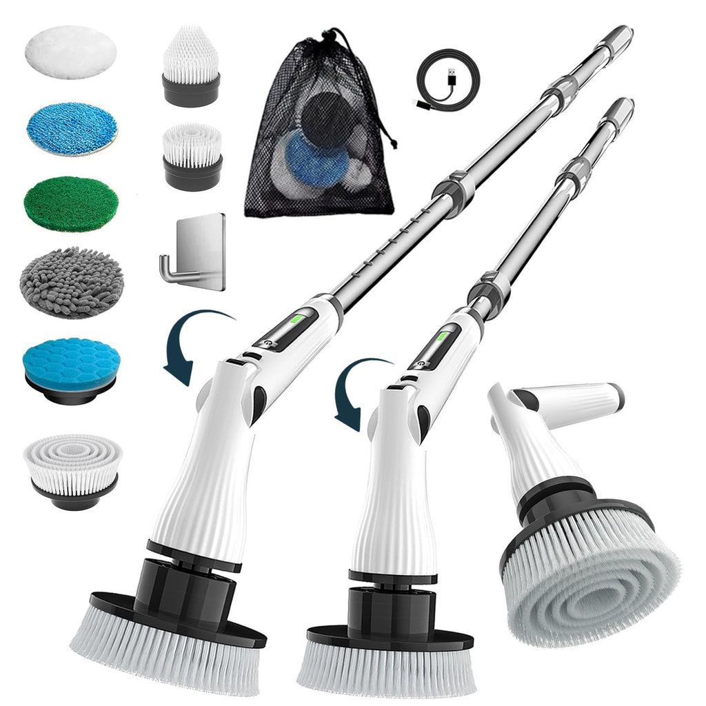 Electric Spin Scrubber, 8 in 1 Electric Cleaning Brush, Cordless Rechargeable Scrub Brush with 8 Replaceable Brush Heads, Adjustable Length and Angle Power Scrubber for Bathroom Tile Bathtub Glass
