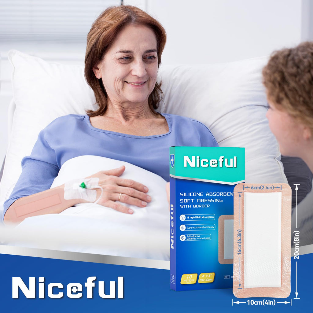 Niceful Silicone Super Absorbent Wound Dressing - 4"×8" Large Absorbant Bandages with Adhesive Borders, FSA HSA Eligible, Wound Care Dressings for Bed Sores Leg Ulcers