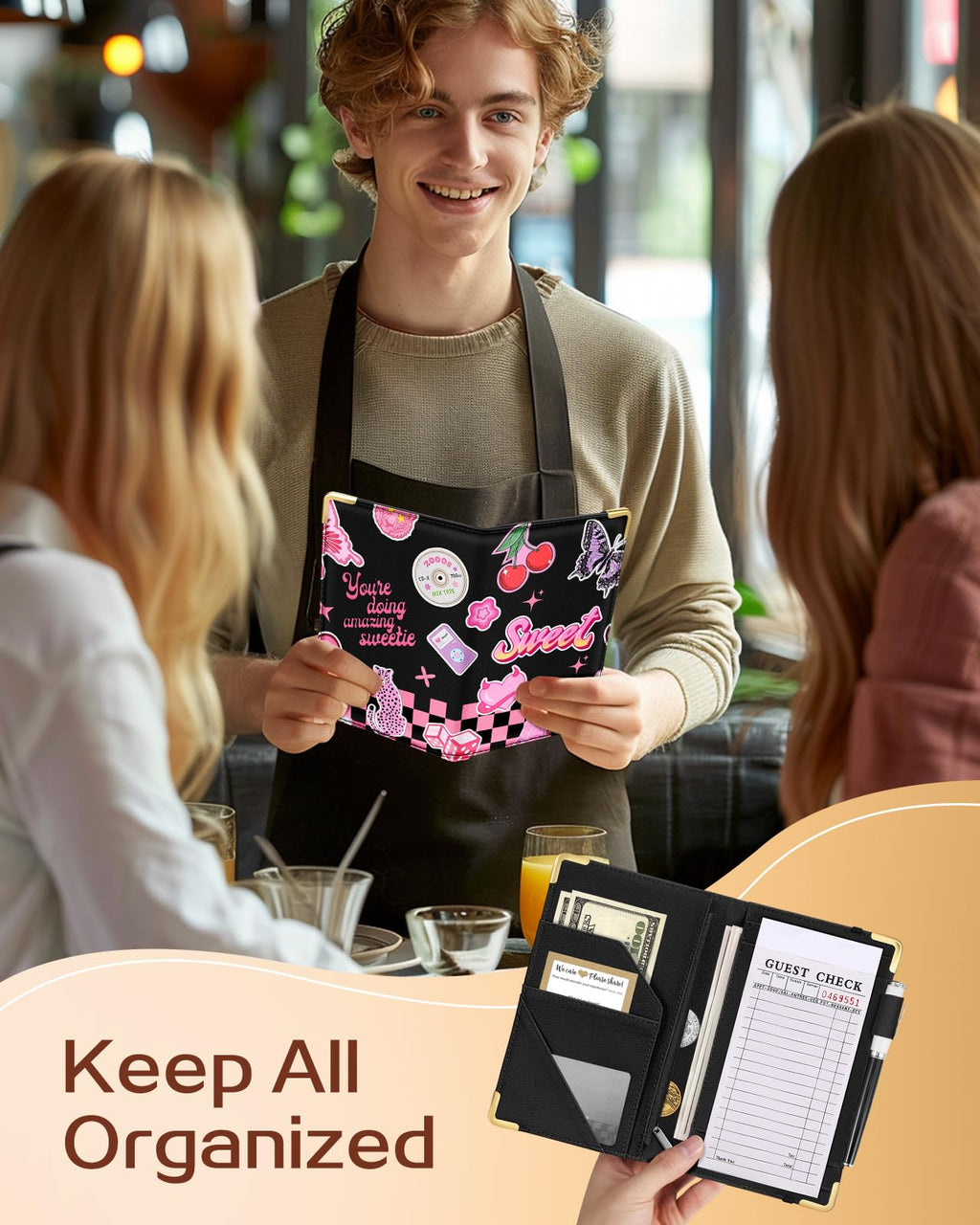Slohif Server Book for Waitress Cute Serving Books with Zipper Pocket Accessories Leather Server Check Book Restaurant Waiter Server Booklet Organizer Ticket Book Holder Funny Y2K