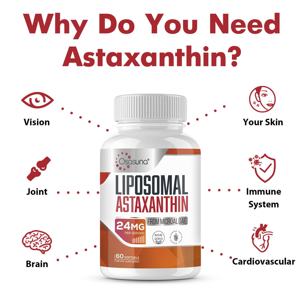 Liposomal Astaxanthin Supplement 24MG, Maximum Absorption, Antioxidant Stronger Than VIT C, Non-GMO & Gluten Free - 120 Softgels(4 Months Supply)