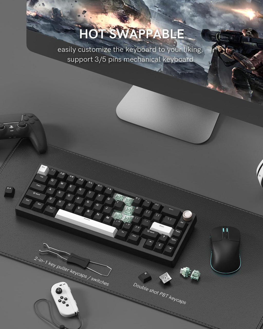 Womier SK65 Wireless Mechanical Gaming Keyboard, 60 Percent Retro Creamy Aluminium Keyboard, Bluetooth 5.0/2.4GHz/USB-C Wired Hot Swappable Custom RGB Backlit for Mac Computer PC (Black)