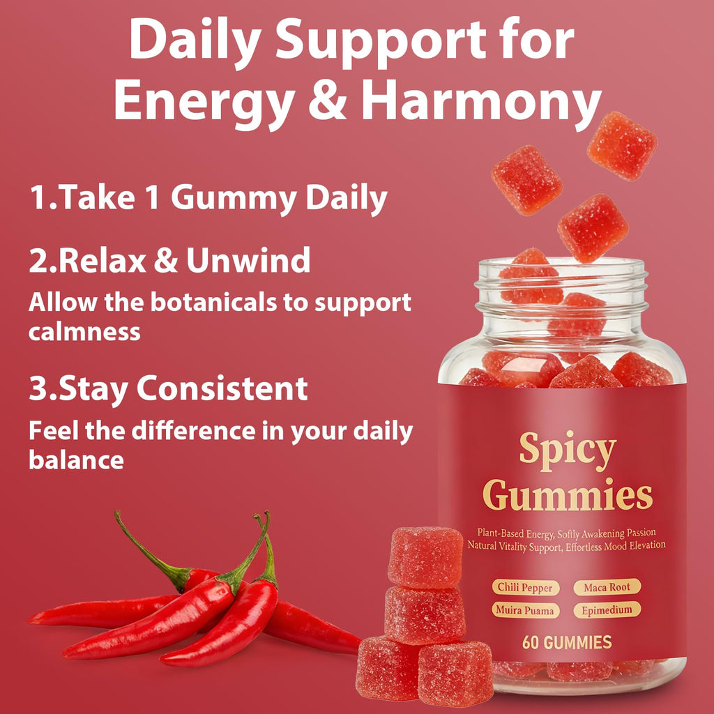 Ambelny Spicy Gummies, Intimacy Gummy with Muira Puama, Chili Pepper, Maca & Epimedium for Promote Hormone Balance, Vegan, Peach Flavor (60 Count/Bottle)