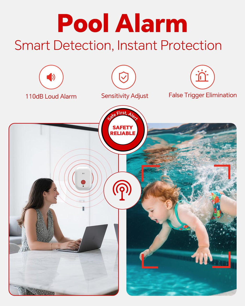Pool Alarm, Floating Pool Safety Alarms for Inground & Above Ground Pools – Loud 110dB Alert, Adjustable Sensitivity, Protection for Kids & Pets (Red+Black)