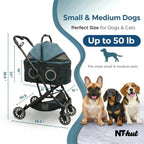 Pet Stroller for Small & Medium Dogs and Cats Up to 50 lbs, 3-in-1 Lightweight Dog Stroller with Detachable Carrier, 360° Mesh Windows, One-Click Fold, Storage Bag & Basket, Cup Holder, All-Terrain