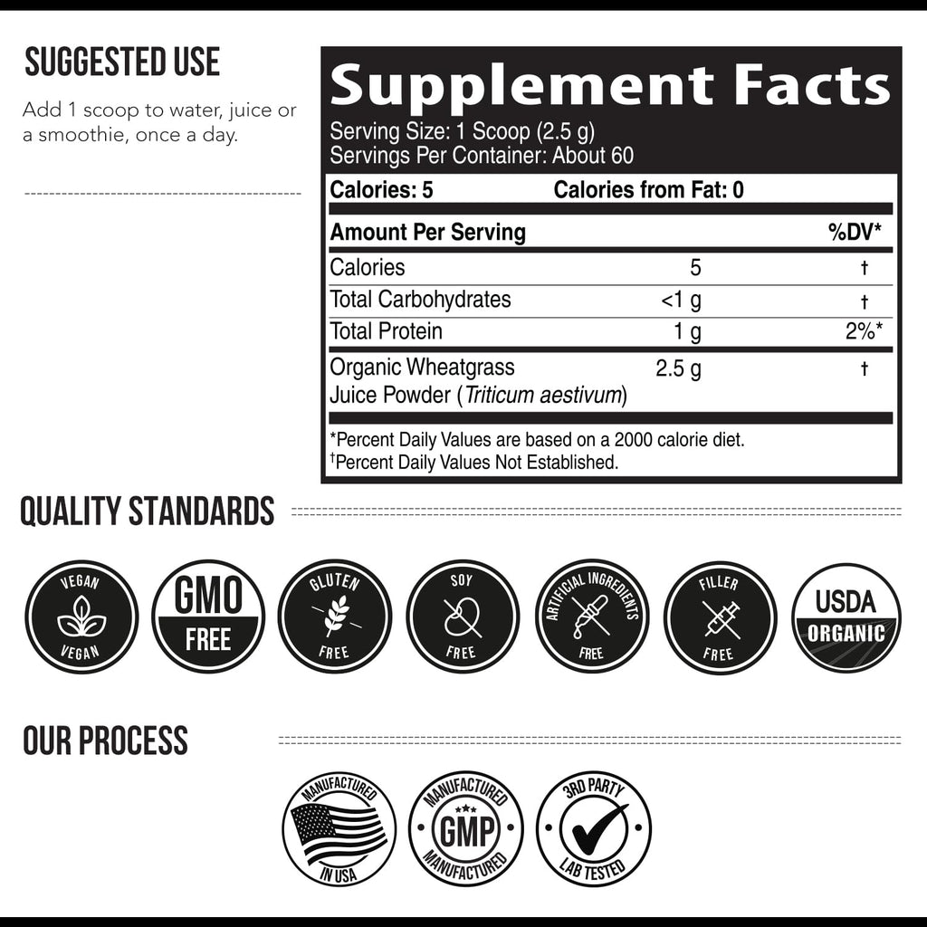 Organic Wheatgrass Juice Powder - Organic, Grown in Volcanic Soil of Utah - Raw BioActive Form, Cold-Pressed Then CO2 Dried, 20:1 Concentrate Juice Extract - Unflavored (5.3 oz – 60 Servings)