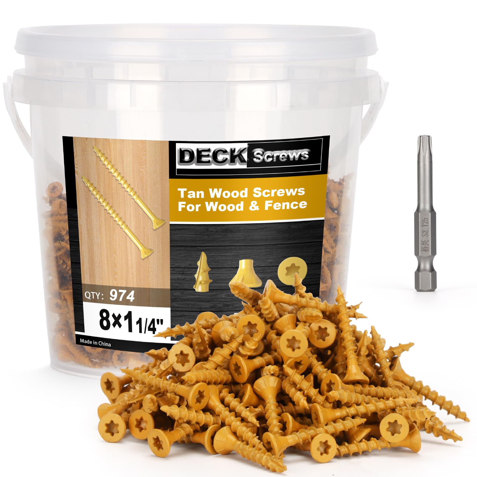Bobibbi Wood Screws #8 x 1-1/4’’, T25 Star Torx Drive Flat Head Deck Screws, Tan, 194Pcs (1lb)