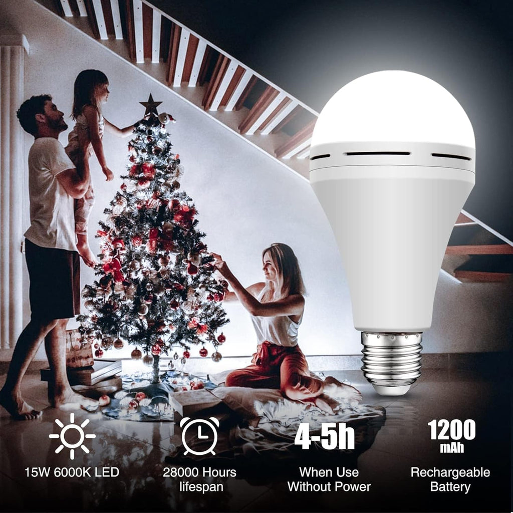Neporal 4 Pack Emergency-Rechargeable-Light-Bulb, Stay Lights Up When Power Failure, 1500mAh 15W 80W Equivalent LED Light Bulbs for Home, Camping, Tent (E27, with Hook) (Daylight)