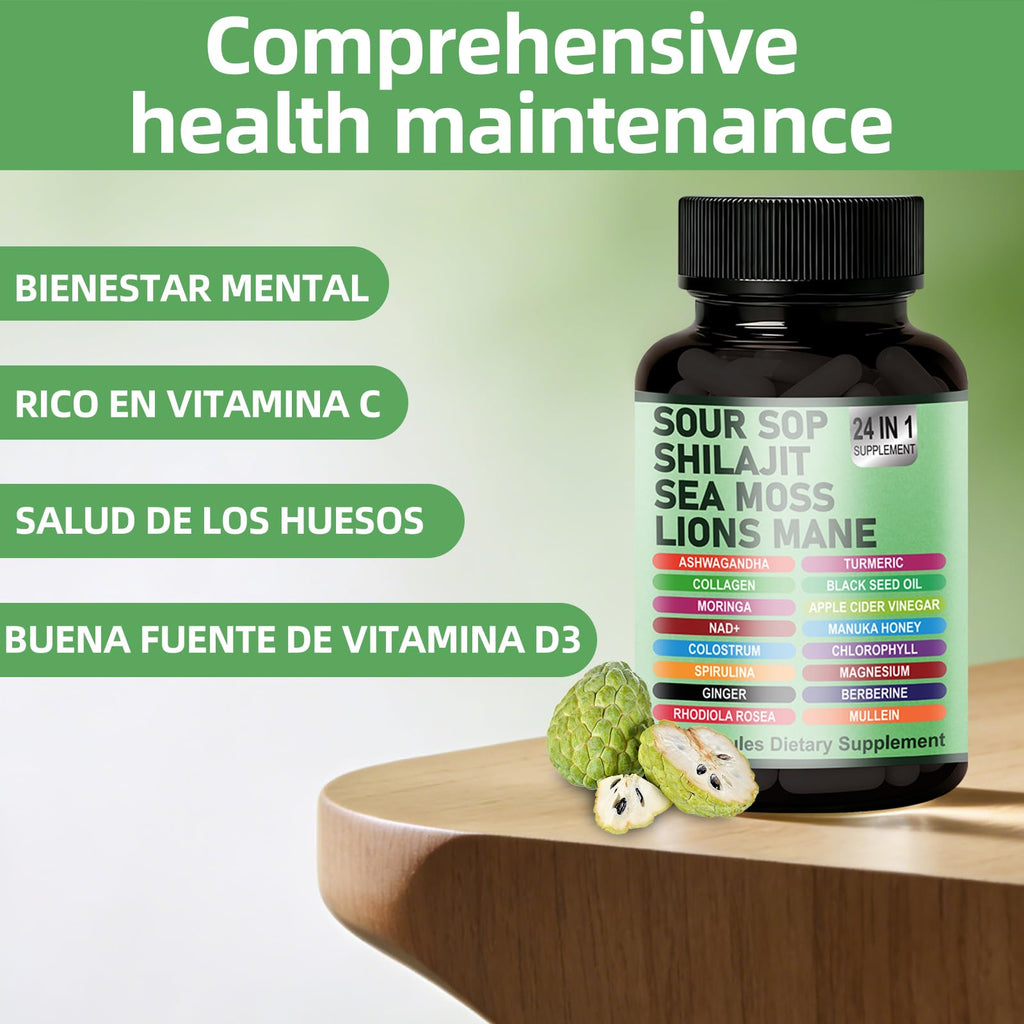 24-in-1 Soursop Graviola Capsules with Sea Moss, Shilajit, Lions Mane, Natural Supplement for Immune Support, Energy, Gut Health, Vegan, 60 Capsules