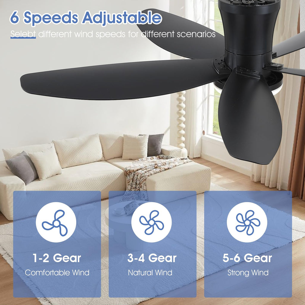 Surtime 42" Ceiling Fans with Lights-Low Profile Ceiling Fan with Light and Remote Control,Flush Mount,DC Reversible,LED Dimmable Blakc Ceiling Fans for Bedroom,Indoor/Outdoor Patio Use