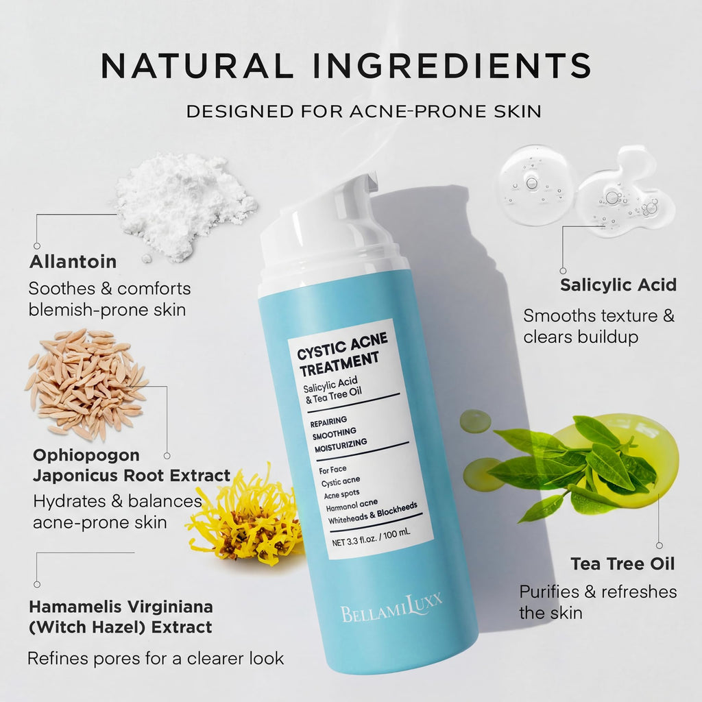 BellamiLuxx Cystic Acne Treatment for Face: Hormonal Acne Treatment Cream for Teens & Adults - Salicylic Acid & Tea Tree Oil Pimple Spot Remover - Anti-Acne Moisturizer Reduces Redness, Blemishes