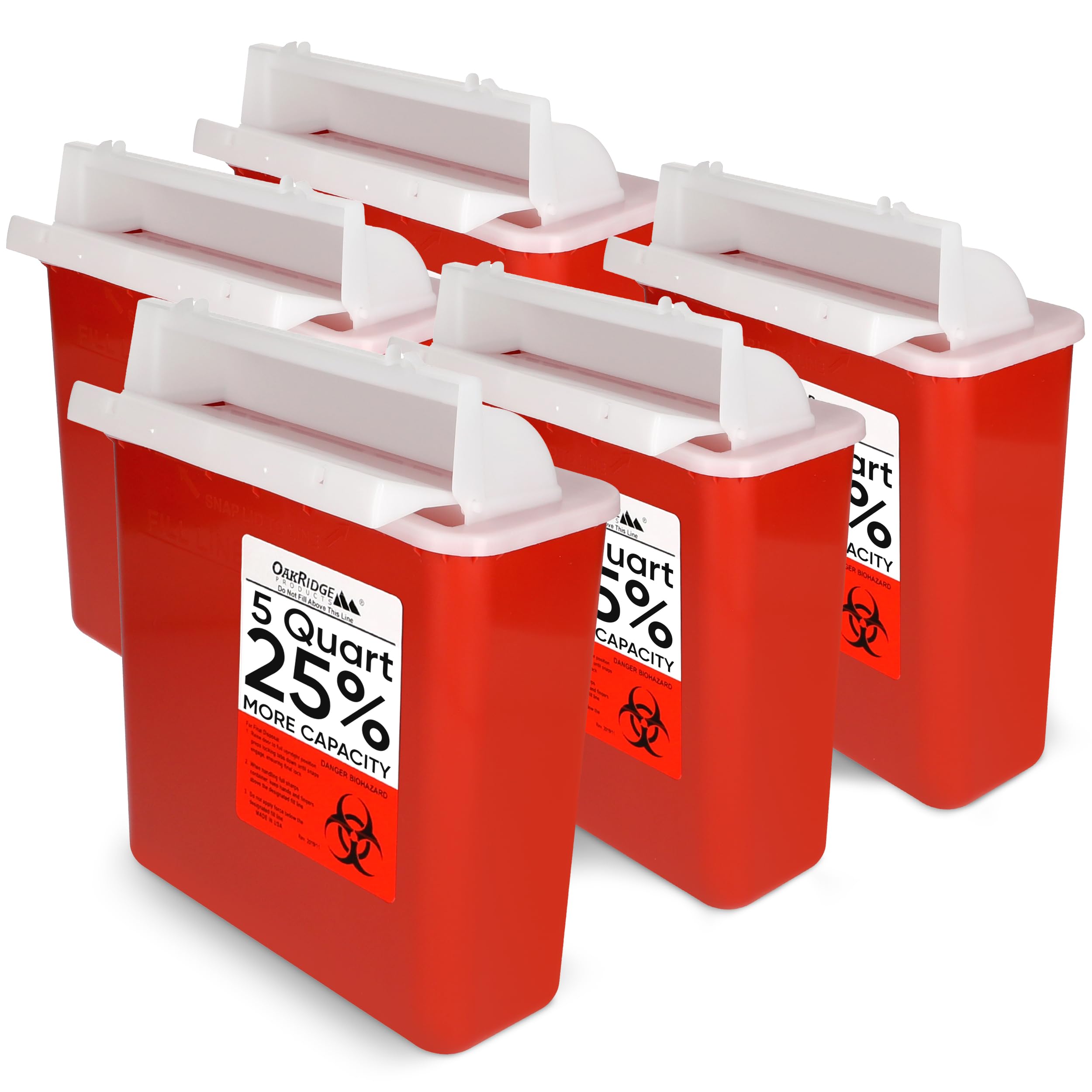 Oakridge Products Sharps Container for Home Use and Professional 5 Quart (5-Pack), Biohazard Needle and Syringe Disposal, Mailbox Style Lid, CDC Certified