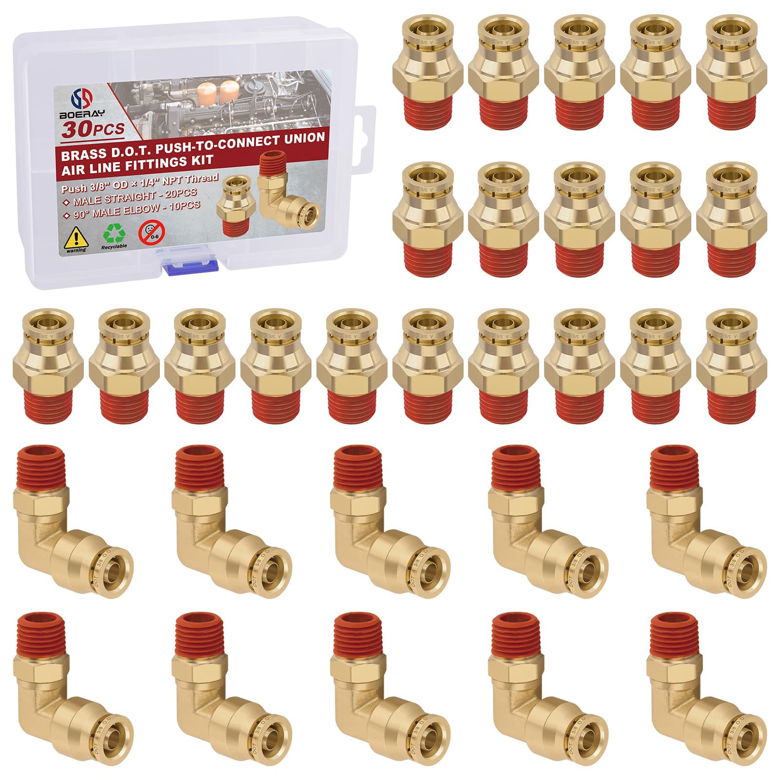 Boeray 3/8” Quick Push to Connect Fittings Brass Male Straight and Elbow Combination DOT Approved 3/8" Tube OD x 1/4" NPT Thread Air Brake Line Adapter Air Suspension Kit Air Hose Repair Kit 30pcs