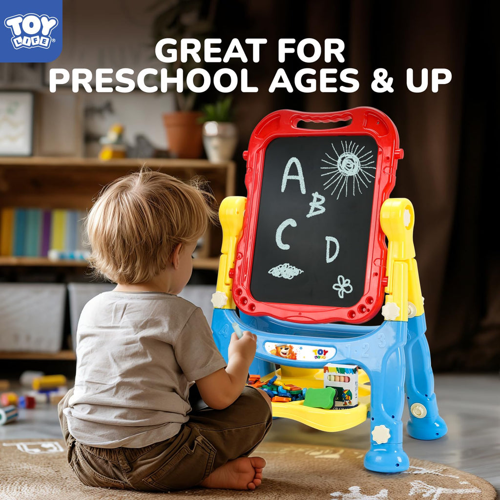 STEAM Life Large Art Easel for Kids, Double-Sided 4In1 Toddler Easel with Rotable Magnetic Chalkboard & White Drawing Board, Height Adjustable with Magnetic Letters & Numbers Gifts for Boys and Girls