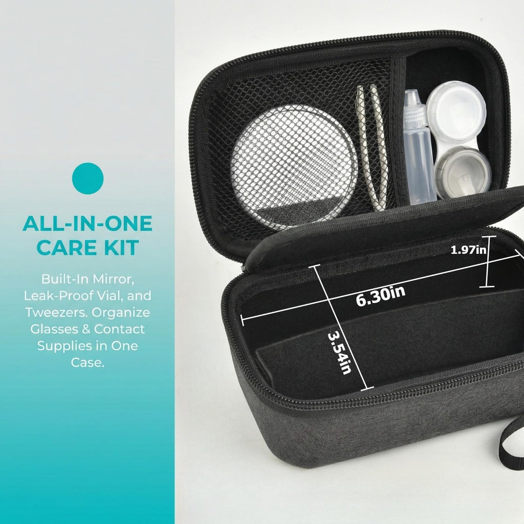 GWCASE Travel Glasses Organizer & Contact Lens Case - Adjustable Slots, Built-in Mirror, Tweezers, Solution Bottle & Hand Strap, Universal Fits Eyelasses/Sunglasses for Men & Women – Black