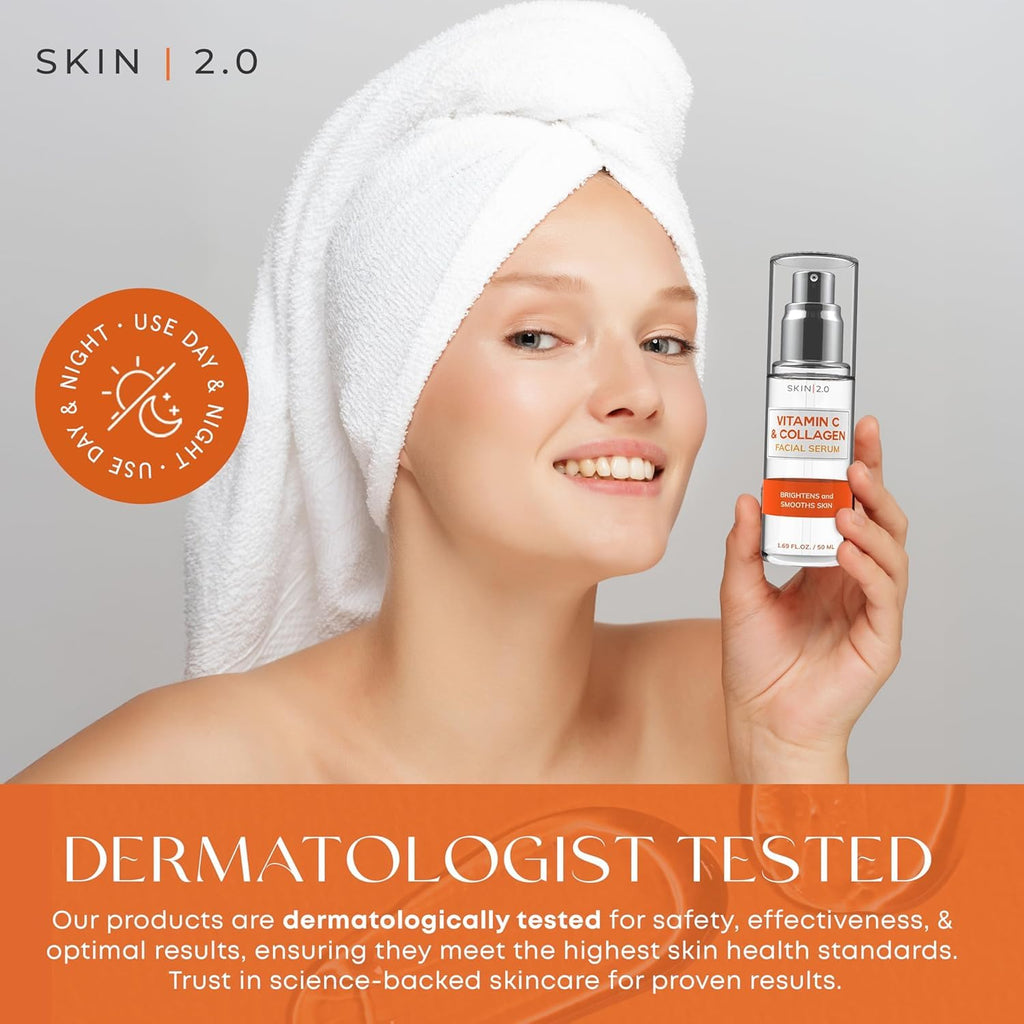 Skin 2.0 Vitamin C Serum with Collagen - Anti-Aging & Dark Spot Remover - Dermatologist Tested Korean Skincare for Brightening & Acne - Clean Beauty, Cruelty-Free, All Skin Types - 1.69oz (2-Pack)