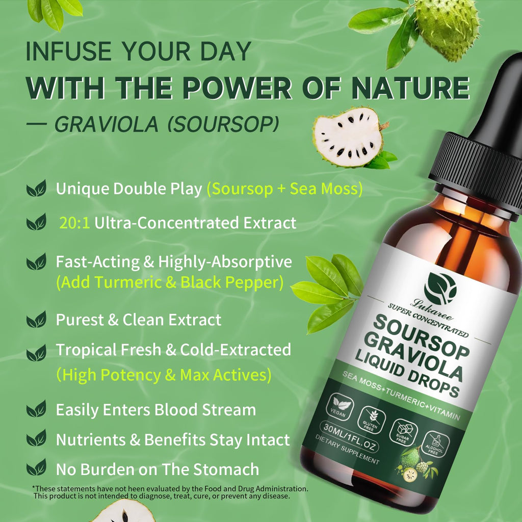 (2 Pack) Soursop Graviola Leaf Extract Liquid Drop Plus Pure Botanical Sea Moss for Cell Support & Regeneration, Immunity and Gut Health, Soursop Bitters Liquid丨Full Texture, Natural Flavor, 1 Fl Oz