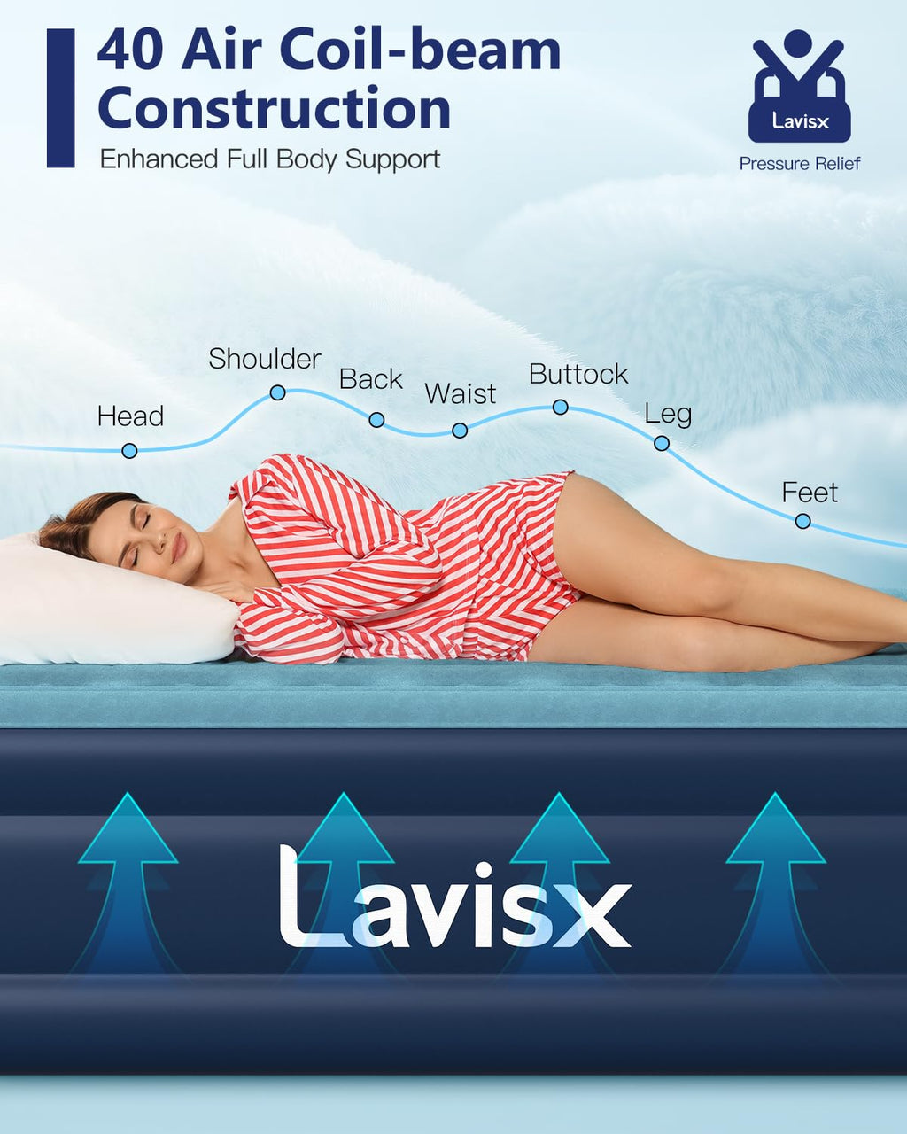 Lavisx Queen Air Mattress with Built in Pump 18" Blow Up Mattress Raised Air Bed, 3 Mins Quick Self Inflatable with Storage Bag for Guest and Home