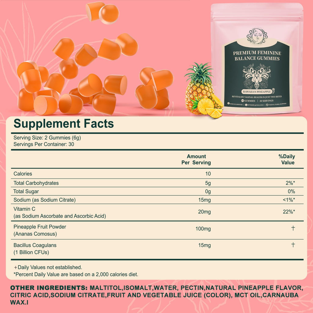 Mosslly Feminine Balance Gummies for Women - Premium Balance Supplement for Women PH Health, Gut Healthy, Immune Support, Hawaiian Pineapple Flavor, 60 Gummies