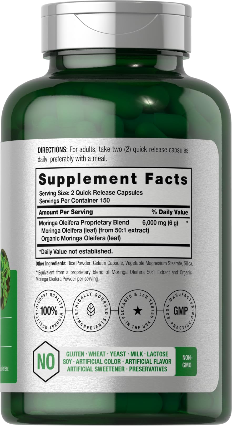 Horbäach Moringa Oleifera | 300 Powder Capsules | Non-GMO and Gluten Free Extract Formula | Complete Green Superfood