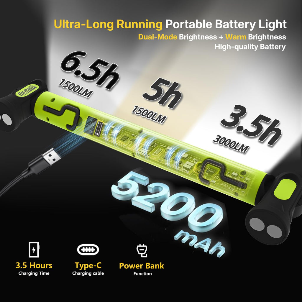 MechaniLite Under Hood Work Light Bar, 3000LM LED Magnetic Light Bar with Hooks, 5200mAh Cordless Rechargeable Hood Light Easter Birthday Gifts for Men/Mechanic/Car Repairing/Garage-Green(1 Pack)