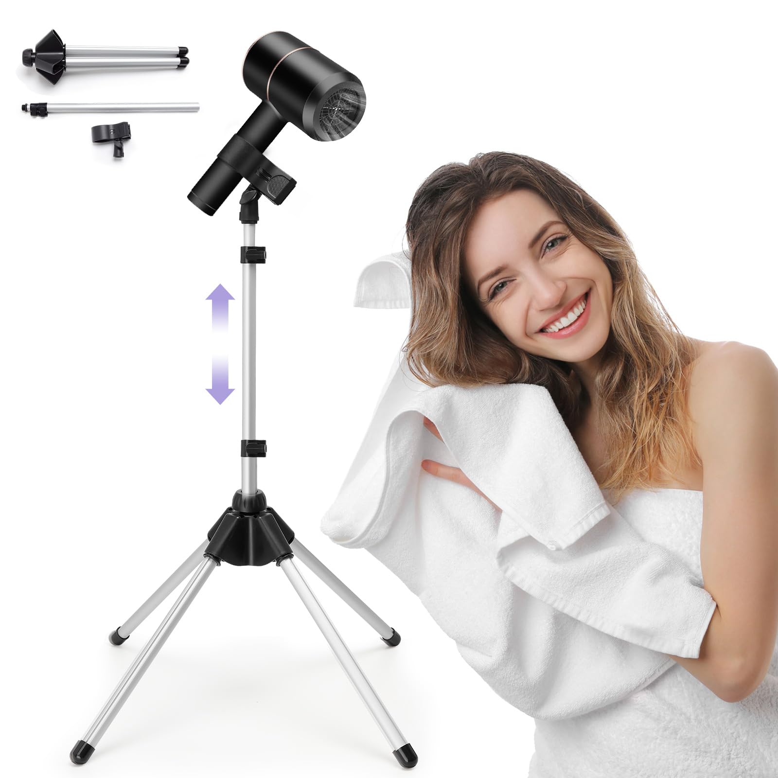 BShome Adjustable Hair Dryer Stand, 29-59 Inch Hair Dryer Holder with Tripod and Universal Clip, 360-Degree Rotating Blow Dryer Stand for Bathroom, Vanity, Makeup Room