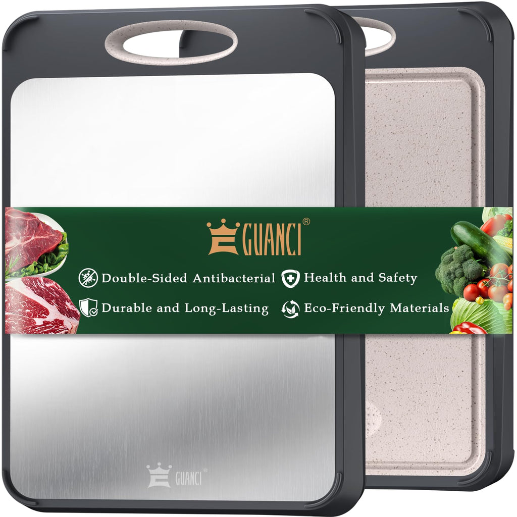 GUANCI Cutting Board for Kitchen, Stainless Steel Cutting Board Double Sided for Chopping Meat/Vegetables, Stainless Steel/Wheat Straw PP, Kitchen Gifts Easy to Clean Large 16”×11”