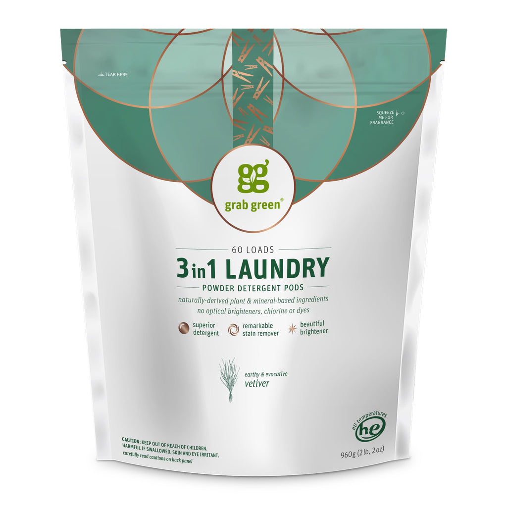 Grab Green 3-in-1 Laundry Detergent Pods, Vetiver Scent, Plant and Mineral Based, Superior Cleaning Power, Stain Remover, Brightens Clothes, 60 Count