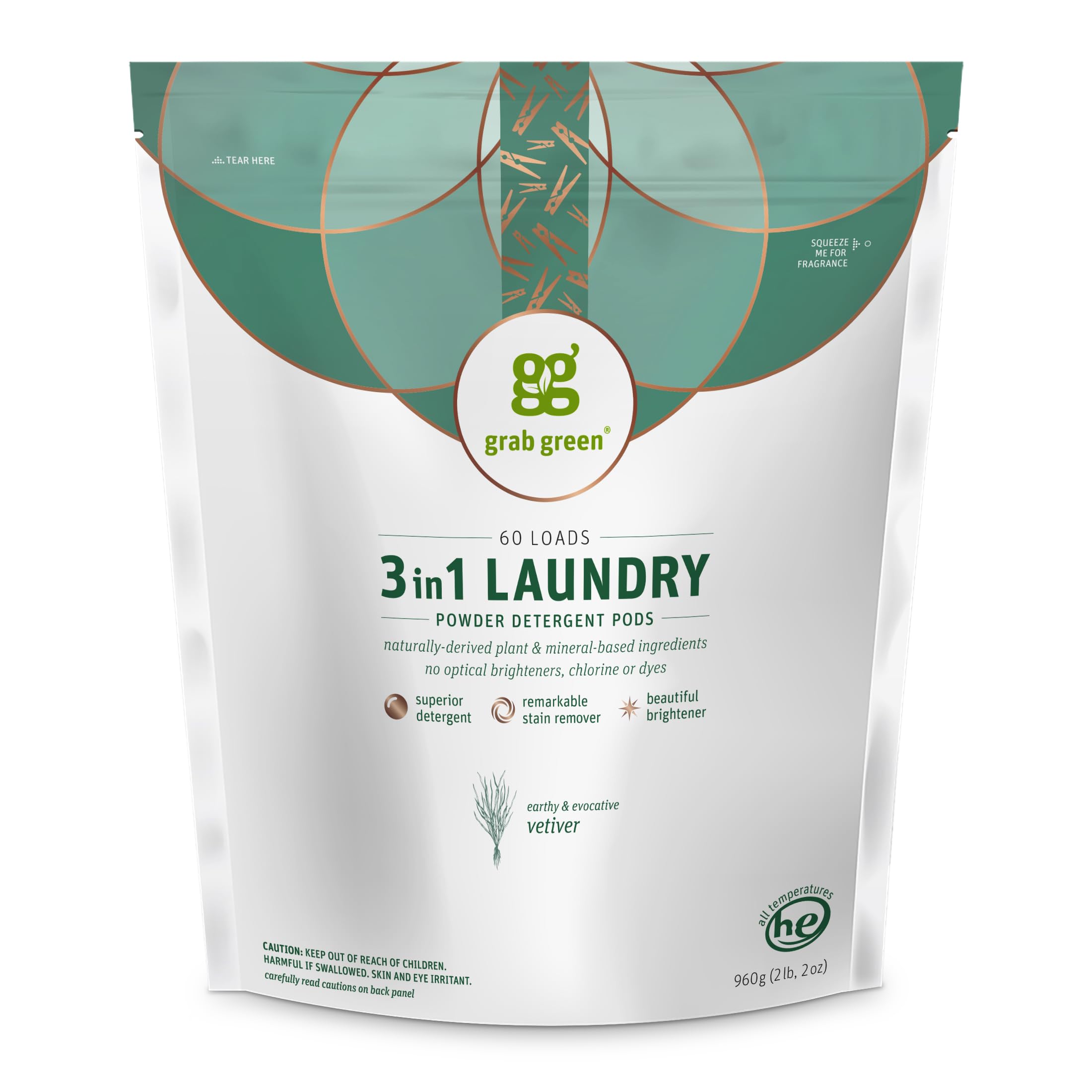 Grab Green 3-in-1 Laundry Detergent Pods, Vetiver Scent, Plant and Mineral Based, Superior Cleaning Power, Stain Remover, Brightens Clothes, 60 Count