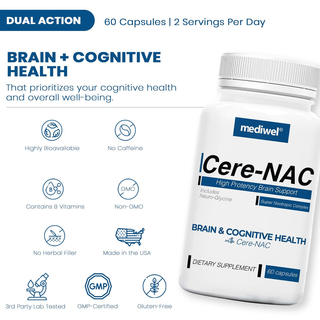 Cere-NAC Advanced Brain Supplement - Cognitive & Mental Clarity Support - NAC, Glycine, Alpha GPC, Citicoline (CDP-Choline), L-Theanine, Phosphatidylserine, Alpha Lipoic Acid - Made in USA