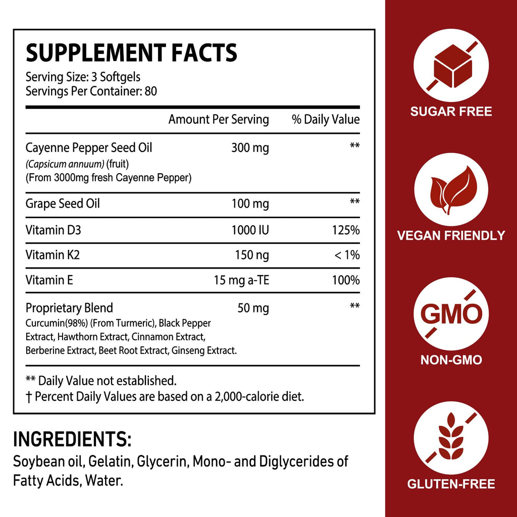 2 PCS Cayenne Pepper Softgels Supplement | 12-in-1 3000mg per Serving with Vitamins D3, K2 & E | Supports Healthy Circulation & Daily Energy | Features Hawthorn, Beetroot & Turmeric | 240 Capsules