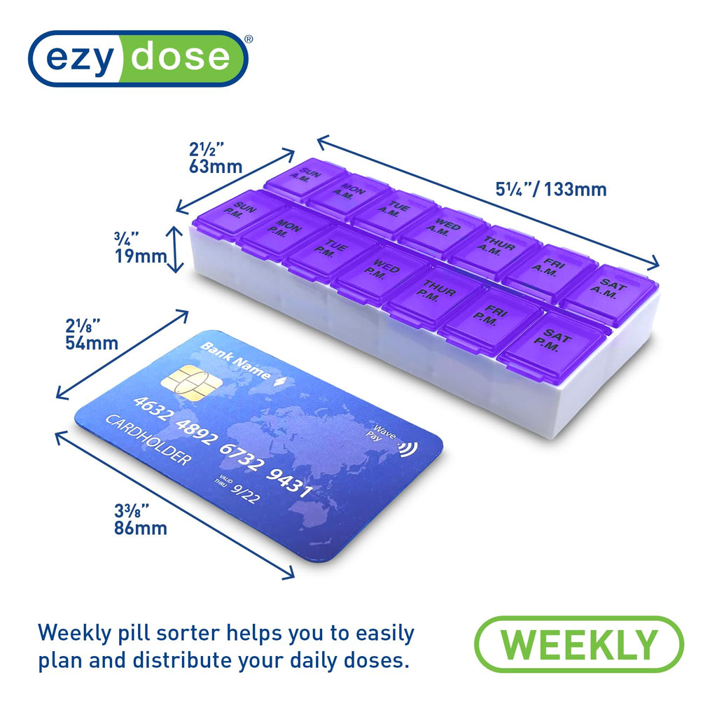 EZY DOSE Weekly (7-Day) AM/PM Daily Pill Case, Medicine Planner, Vitamin Organizer, Fish Oil Holder, Supplements Container, Medium Compartments, 2 Times a Day, Color May Vary, BPA Free (Pack of 3)