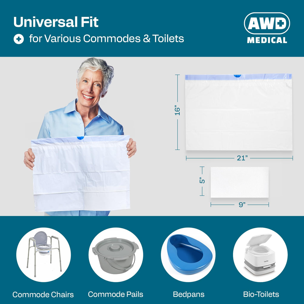 100 PACK - Commode Liners with Absorbent Pads - Adults Commode Bag Compatible with Most Toilets - Portable Commode Liners with Gel Pads - Disposable Bedside Toilet Liner Bags for Adult Potty Chair