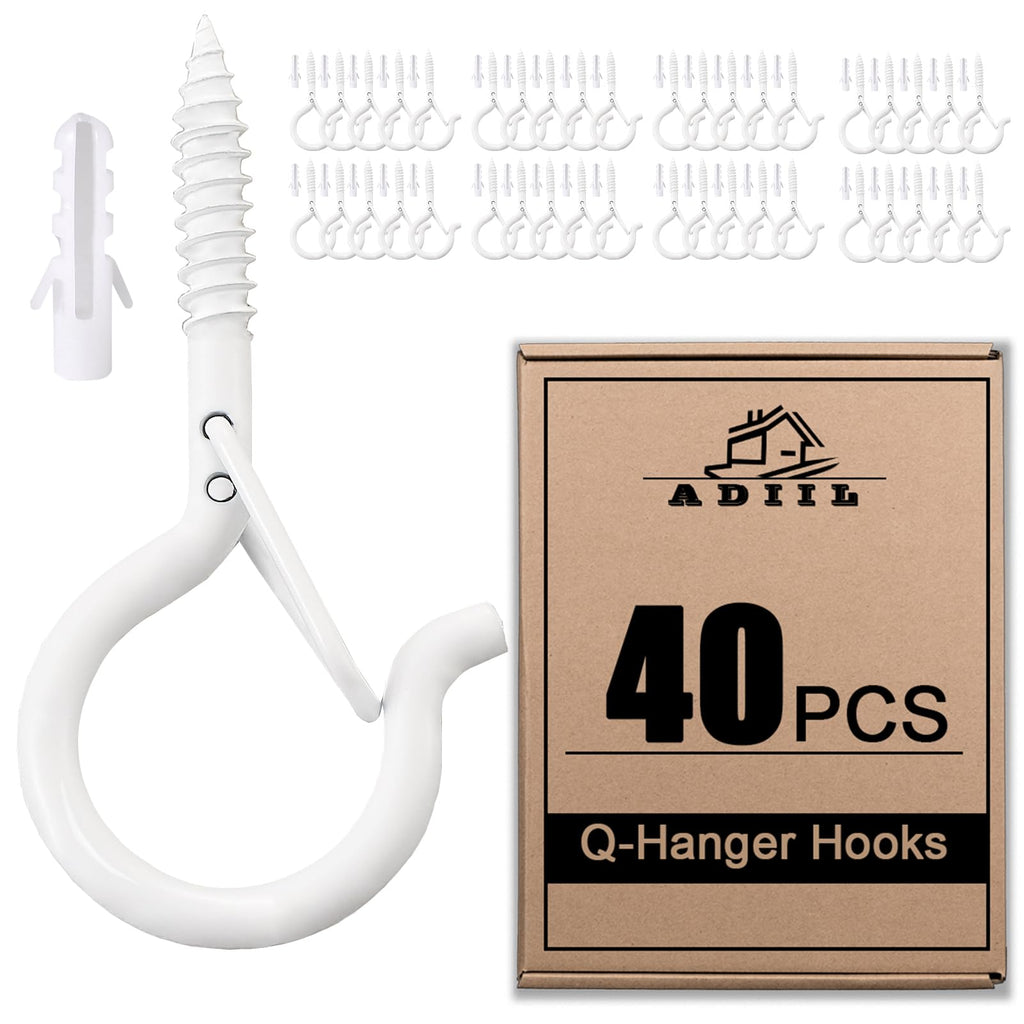 ADIIL 40 PCS Q Hanger Hooks with Safety Buckle, Windproof Screw Hooks for Hanging Outdoor String Lights, Plants, Christmas Patio Lights, 2.2 Inches, White