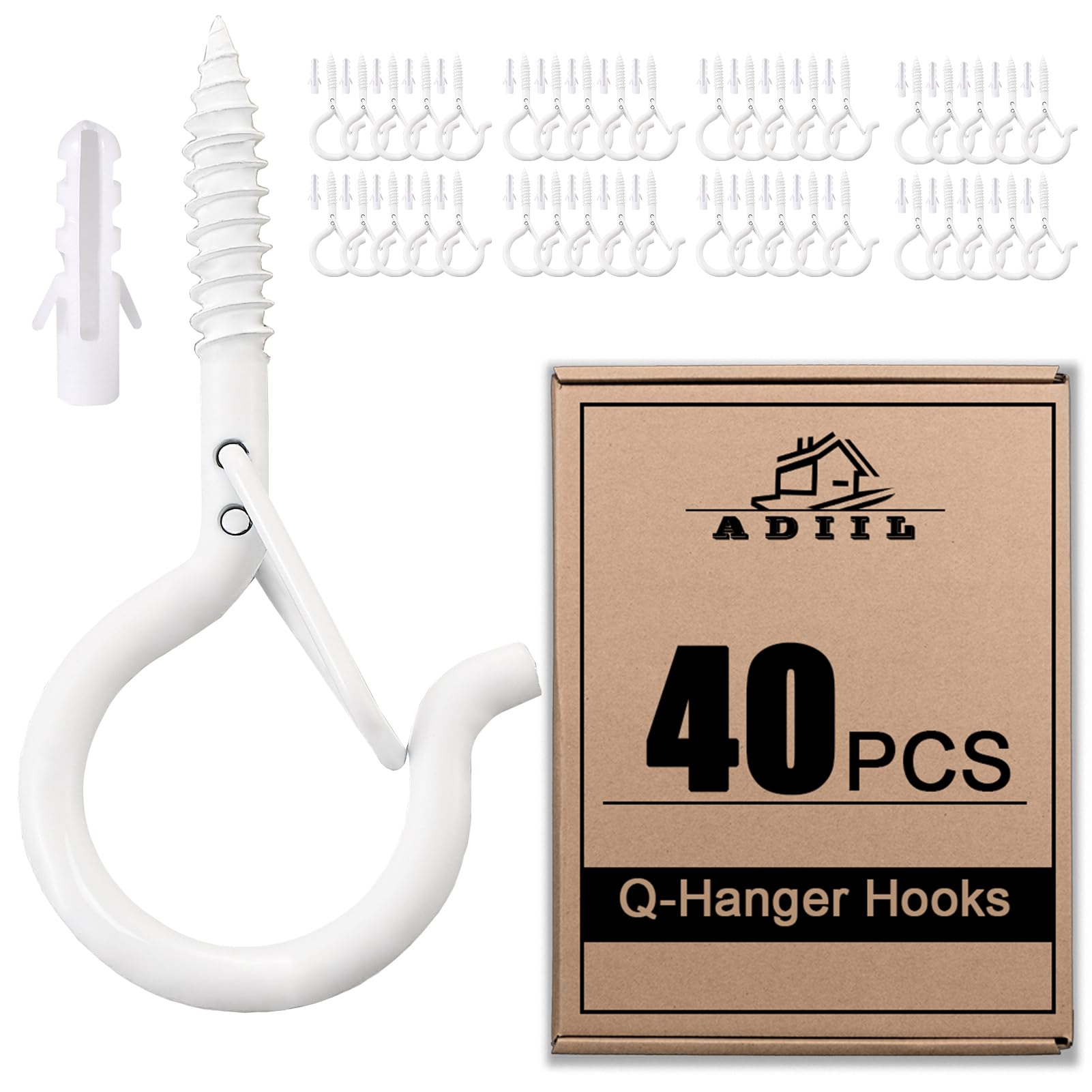ADIIL 40 PCS Q Hanger Hooks with Safety Buckle, Windproof Screw Hooks for Hanging Outdoor String Lights, Plants, Christmas Patio Lights, 2.2 Inches, White