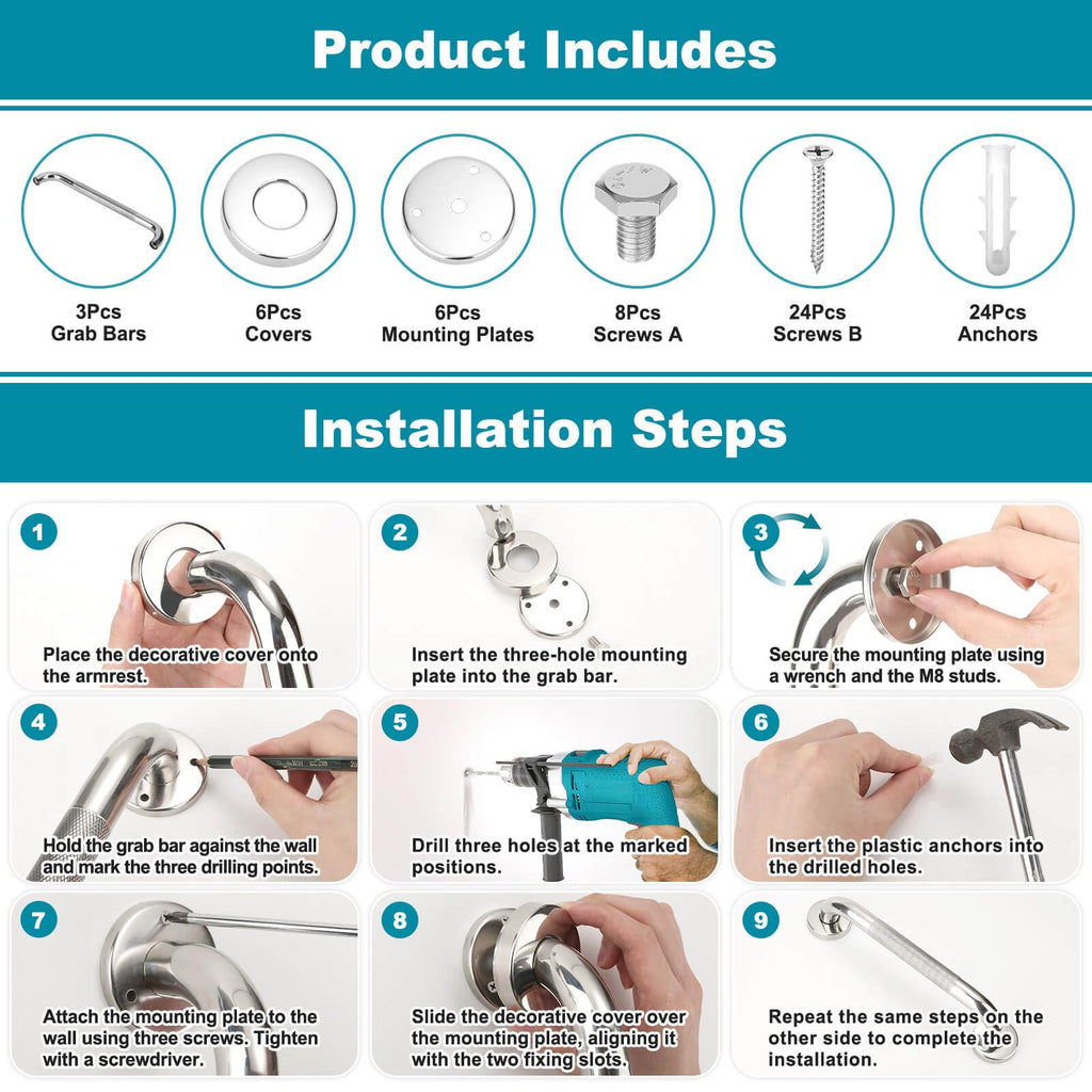 3 Pack Grab Bars for Bathtubs and Showers, 16-Inch and 12-Inch Anti-Slip Bathroom Shower Grab Bars for Seniors Wall, Safety Handicap Grab Bars Stainless Steel,Shower Handle for Elderly