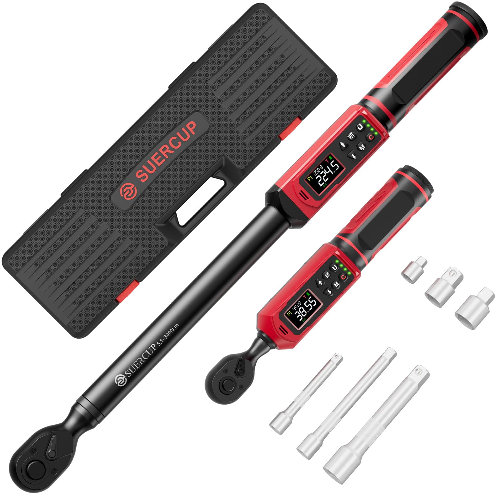 SUERCUP 3/8"&1/2" Digital Torque Wrench Set(0.66-44.29Ft.Lb/0.9-60N.m&3.8-250.8Ft.Lb/5.1-340Nm), ±1% Accuracy with Vibration, Buzzer,LED Notification and Five Units of Measure, for Car,Moto, DIY