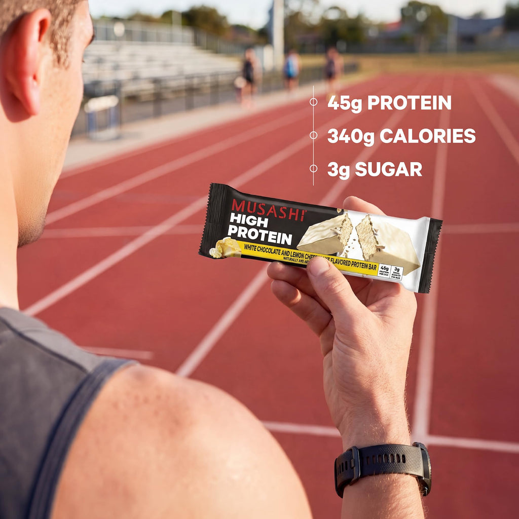 MUSASHI High Protein Bar, 44g Protein, 3.7g Total Sugars, Lemon Cheesecake, Post Workout and Protein Snack On The Go, 12 Pack of 3.2oz (90g) Bars