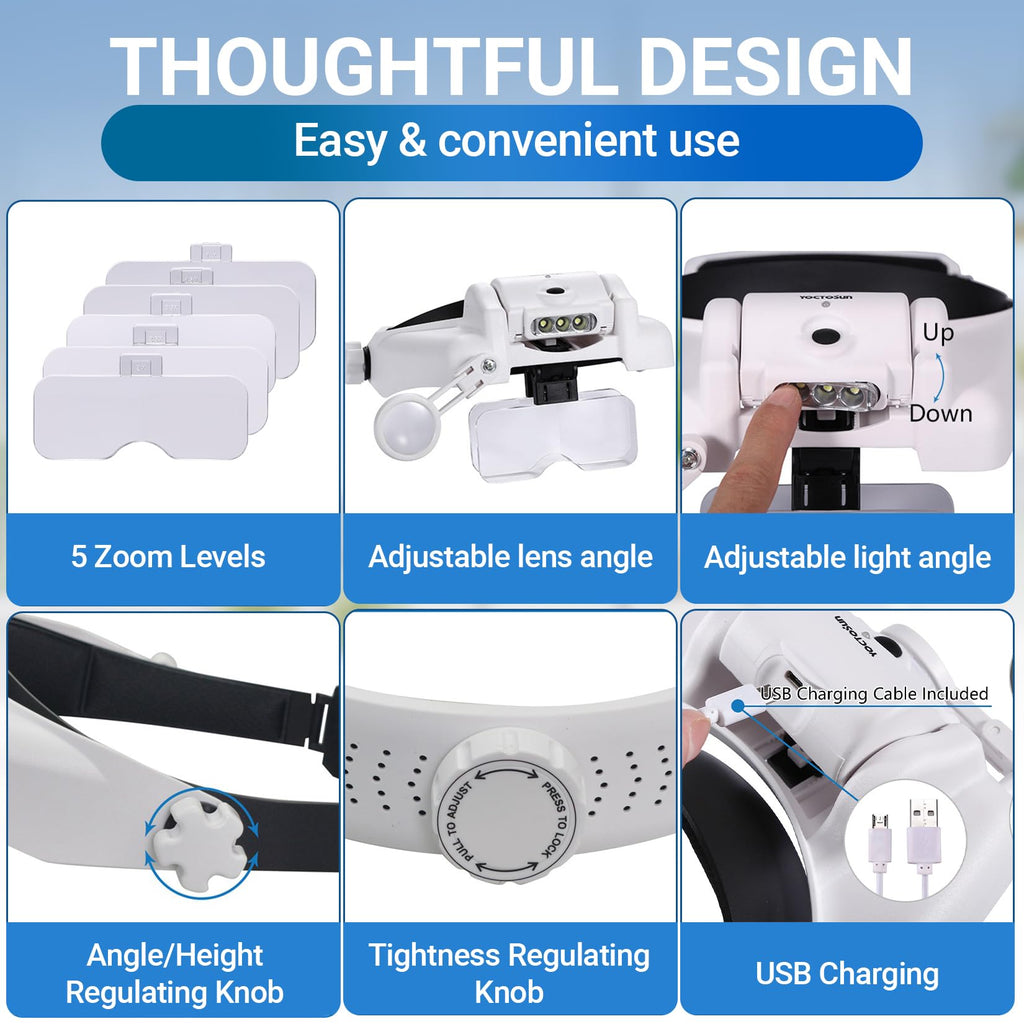 YOCTOSUN Magnifying Glasses with Light 1X-14X, Rechargeable LED Headband Magnifier with 6 Lenses and Storage Case, Hands Free Head Magnifying Visor for Close Work, Sewing, Crafts,Jewelry