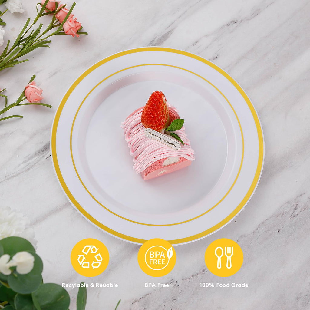 Goodluck 200PCS Gold Plastic Plates, Heavy Duty Disposable Gold Plates with 100 10.25 inch Dinner Plates and 100 7.5 inch Dessert Plates for Party, Holiday, Wedding, Thanksgiving
