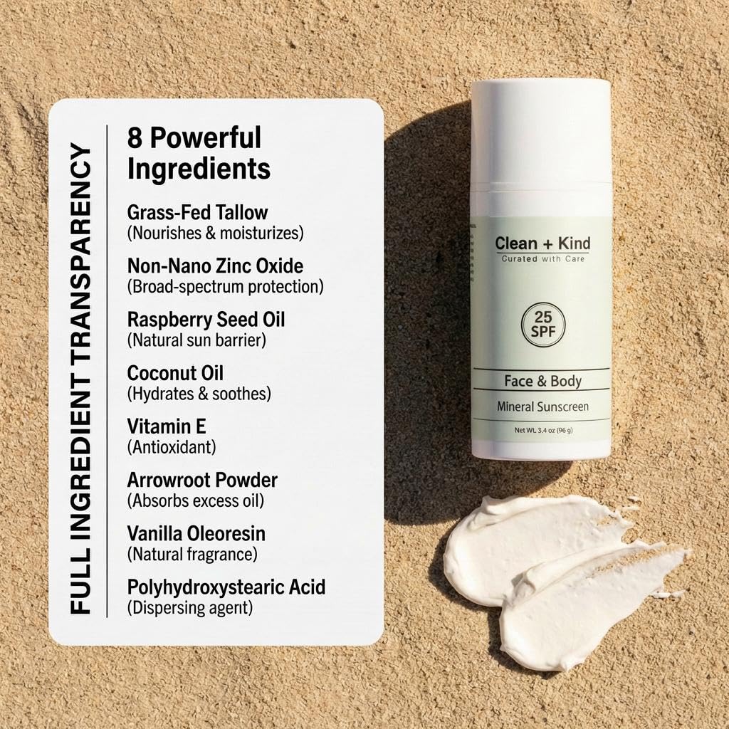 Tallow Sunscreen SPF 25 with Non-Nano Zinc Oxide – Natural Mineral, Reef-Safe & Non-Toxic Sunblock for Face & Body – Non-Greasy, Moisturizing Protection for Sensitive Skin (3.4 oz)