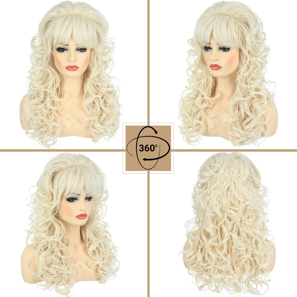Long Big Blonde Curly Wig with Bangs for Women Costume, 24 Inch Wavy Hair
