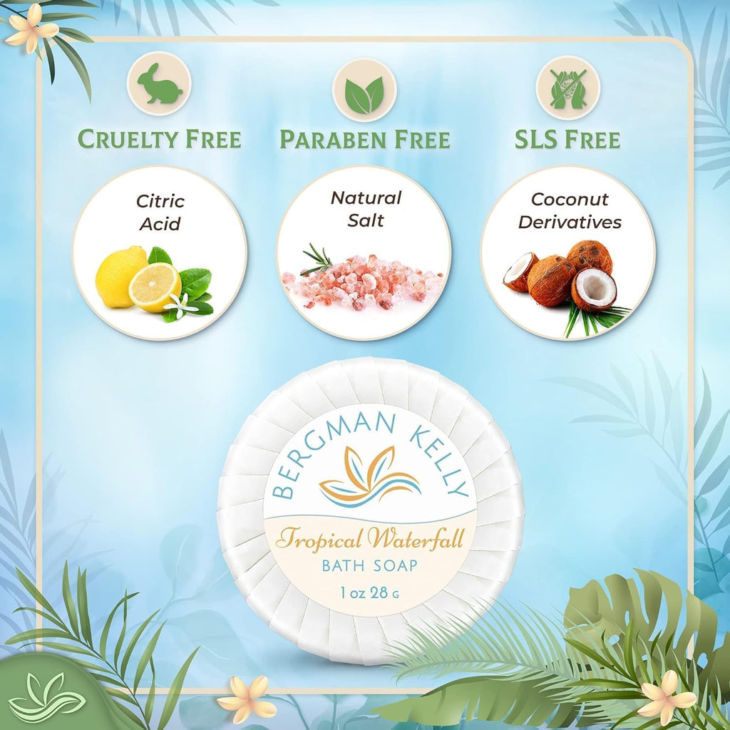 BERGMAN KELLY - Hotel Soap Bars in Bulk - Tropical Waterfall, 1 oz, 100 PK - Small Individually Wrapped Round Soap - Travel Size Mini Toiletries for Airbnb, Motel, Guest Bathroom