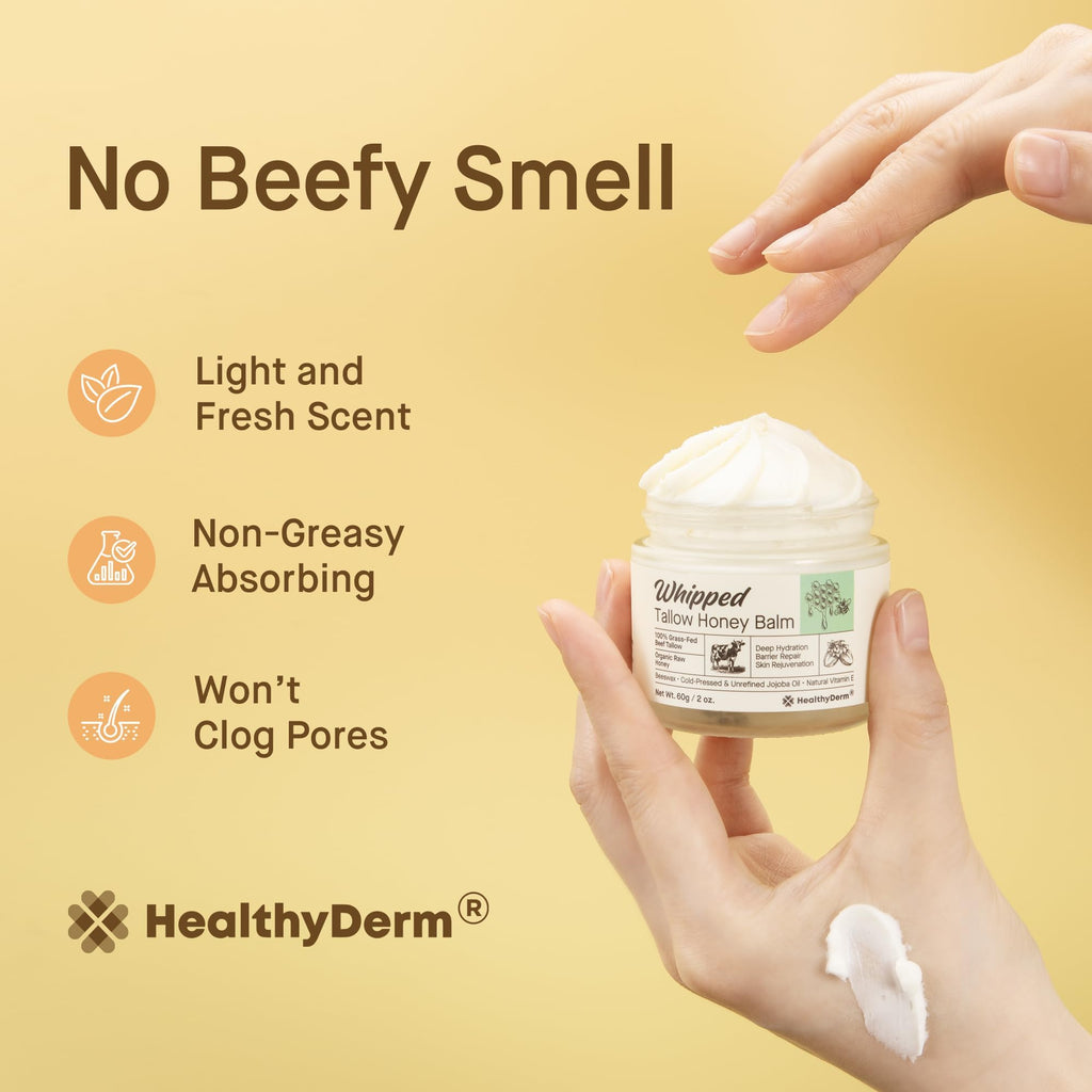 Beef Tallow Honey Balm for Skin: 100% Grass Fed Organic Moisturizer with Organic Raw Honey, Jojoba Oil, Vitamin E – Natural Face and Body Care for Mature, Dry or Sensitive Skin, 2oz, Pack of 2