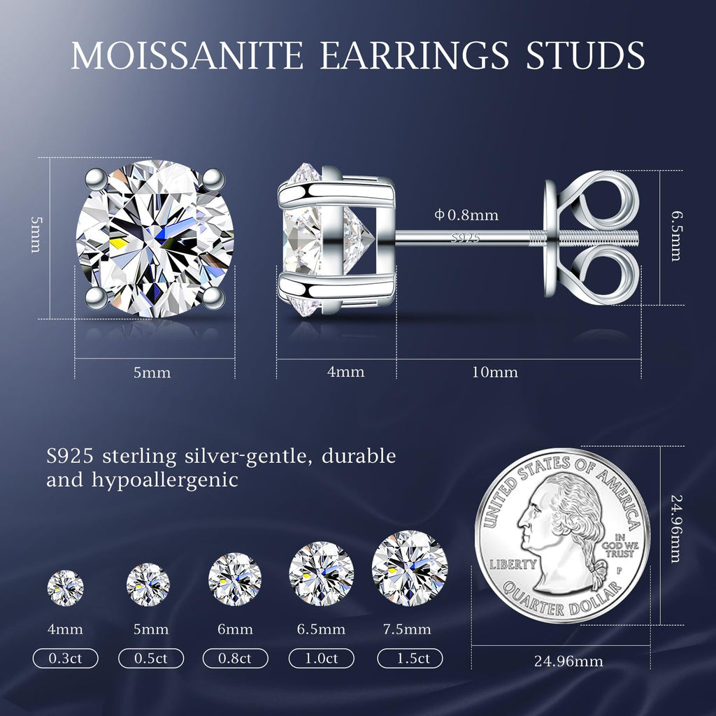 Velelia Moissanite Earrings for Men Women, 0.2ct-3.0ct Men 925 Sterling Silver Earrings, Round Cut Diamond Stud Earrings for Women