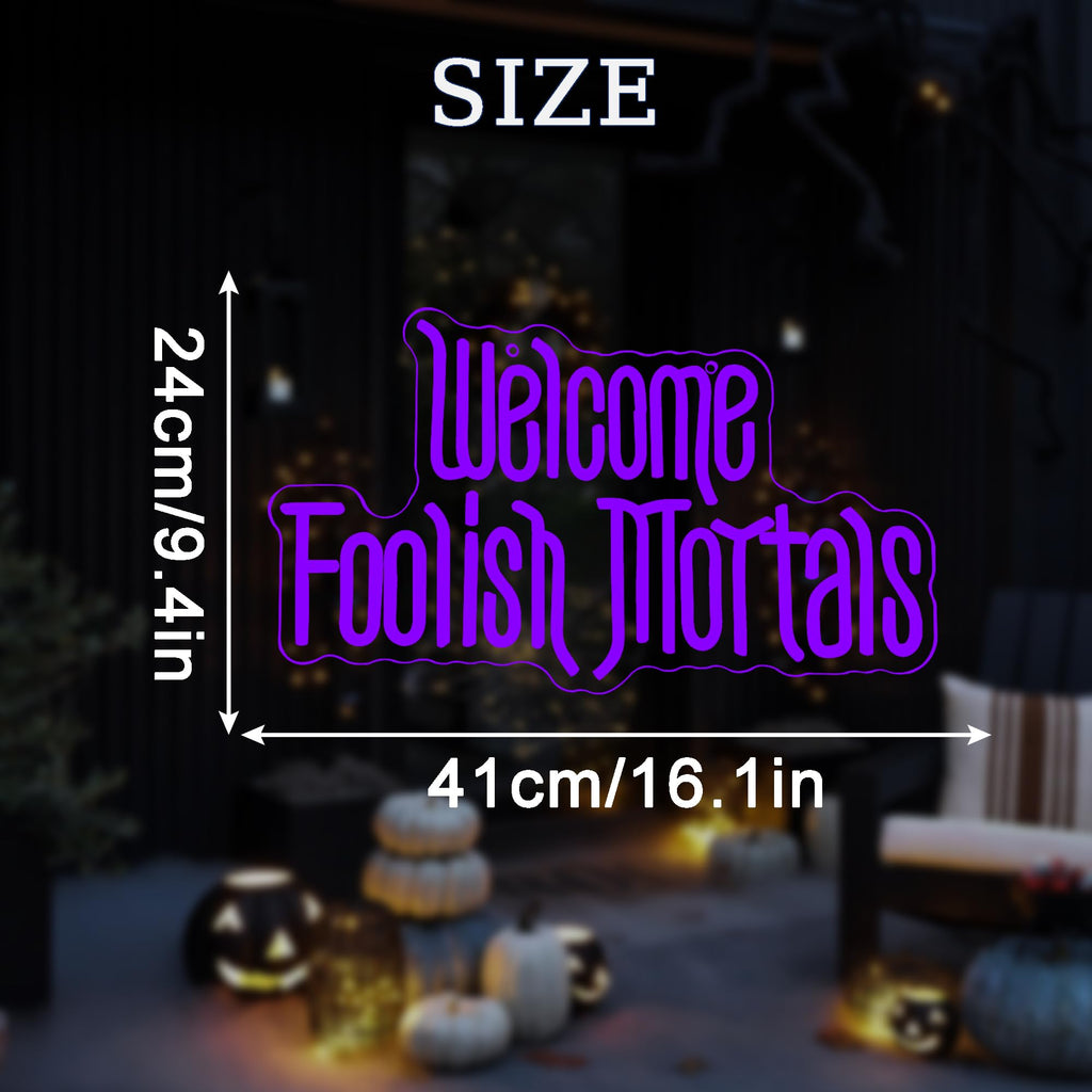 Welcome Foolish Mortals Neon Sign, Halloween Neon Light Spooky Gothic Haunted Mansion LED Coffin Decor USB Powered, for Horror Movie Party Haunted House Man Cave Home Room Themed Bars(16.1 * 9.4 In)