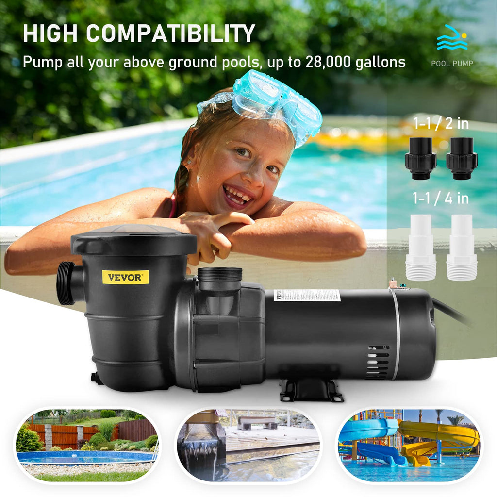 VEVOR Swimming Pool Pump, 1.5 HP 115 V, 1100 W Single Speed Pumps for Above Ground Pool w/Strainer Basket, 5280 GPH Max. Flow, Certification of ETL for Security