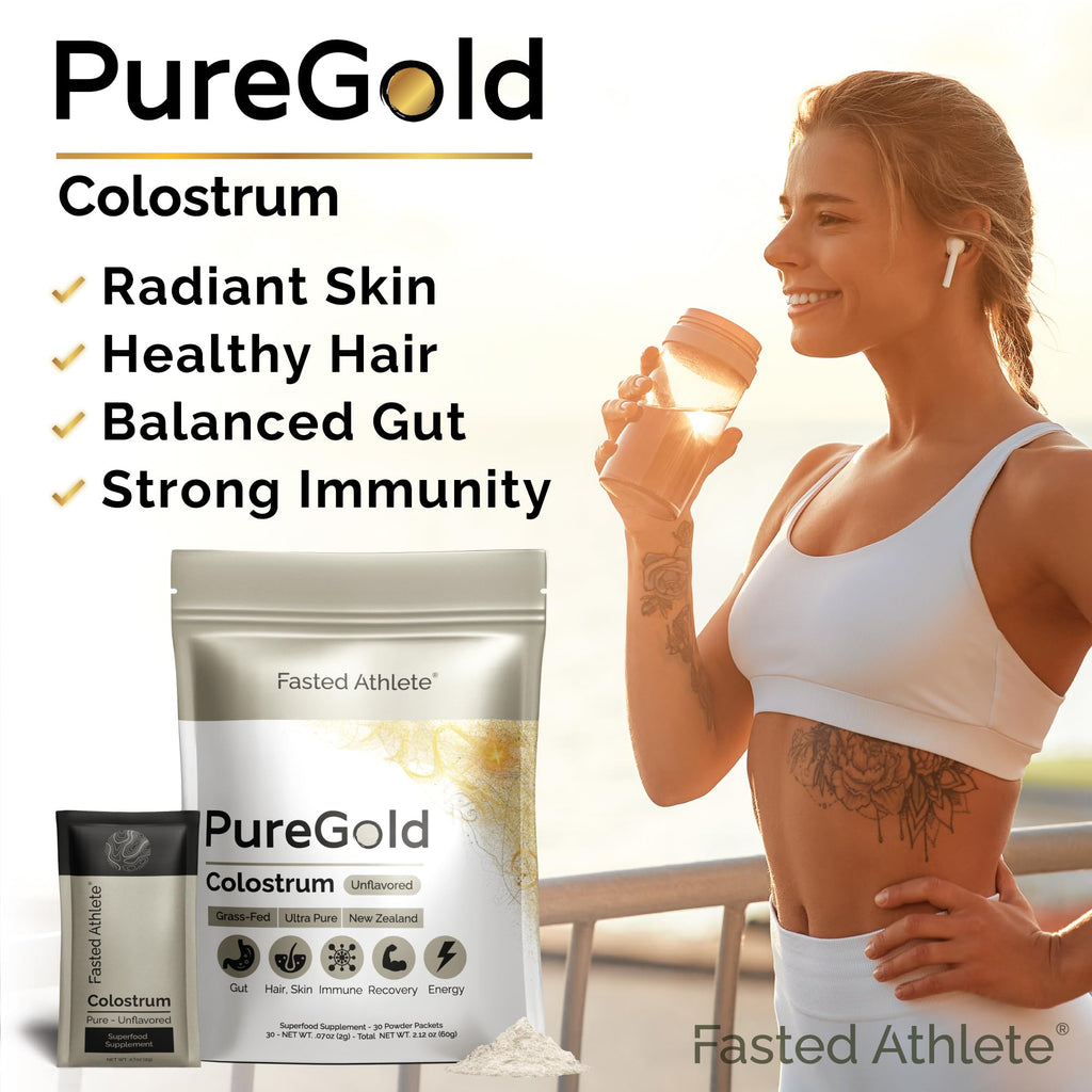 PureGold - Bovine Colostrum Powder - 100% Pure New Zealand Grass Fed, Supports Gut Health, Skin, Hair, & Immunity – Colostrum Supplement, Unflavored, 30 Travel Packets