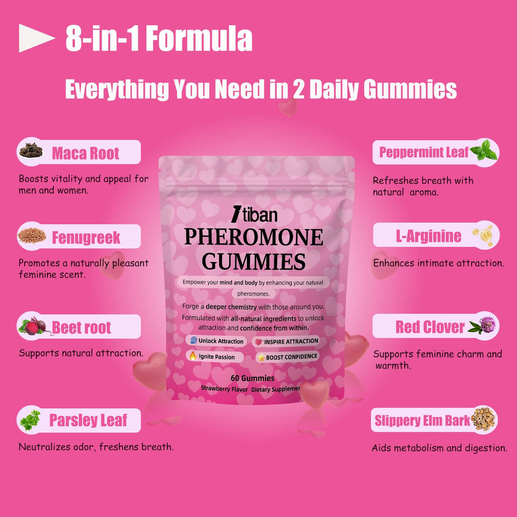 Itiban Pheromone Gummies for her, Women Slippery Elm, Enhance Charm, Supports Balance, Confidence & Social Vibe, Vegan, Non-GMO, Gluten-Free, Strawberry Flavor, 60 Gummies