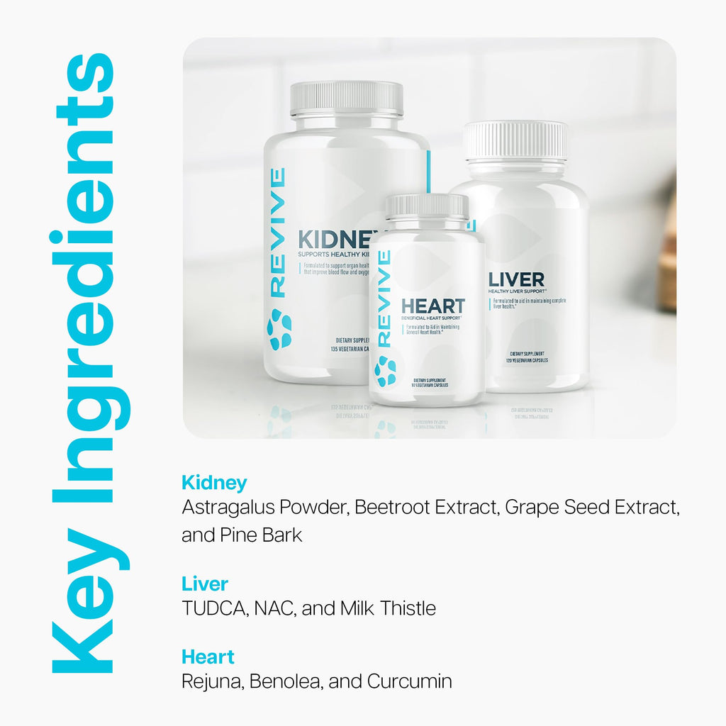 Revive MD Supplement Bundle for Heart, Kidney & Liver Health – Daily Organ Support with Natural Ingredients – Vegan, Gluten-Free & Soy-Free Supplements for Men & Women – 45 Servings + 30 Servings (x2)